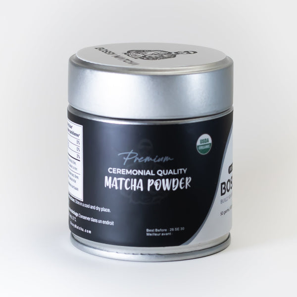 Pure matcha tea powder tin package on white background - back side