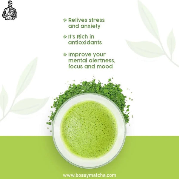 three benefits of matcha tea - Relieve Stress, rich Antioxidants, improve mental alertness and focus. improves mood.