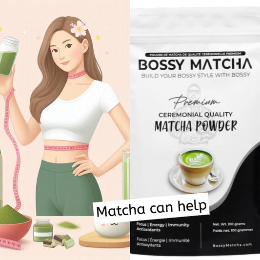 A cartoon lady showing the best matcha and it can help weight loss due to the presence of catechins in it.