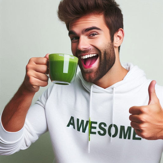 Enjoying the cup of matcha tea and feeling awesome. Thumbs up 